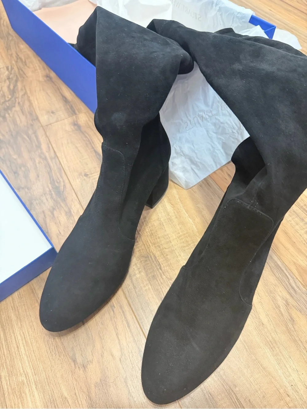 Stuart Weitzman Black Suede Over-the-Knee Block Heel Boots